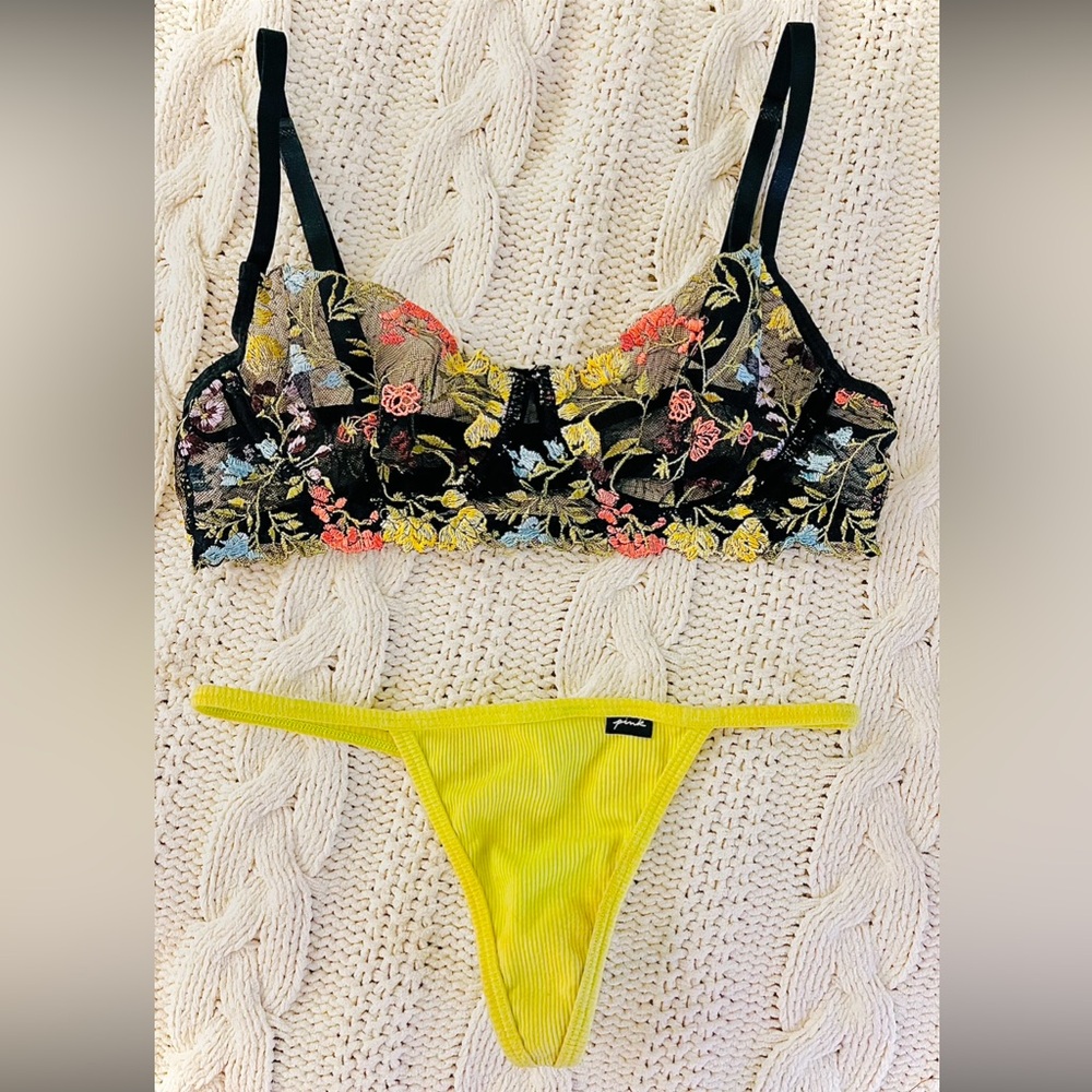 Floral Embroidered Black Mesh Bralette Balconette Bra & Neon Yellow Thong VS Set